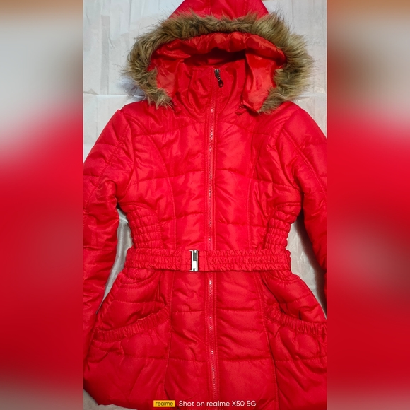RAMPAGE bright red faux fur trim HOODED jacket L - Picture 4 of 8